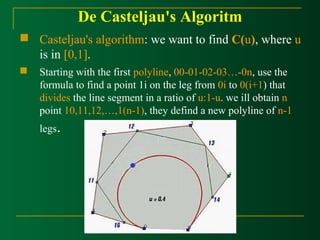 De Casteljau's Algoritm 
 Casteljau's algorithm: we want to find C(u), where u 
is in [0,1]. 
 Starting with the first polyline, 00-01-02-03…-0n, use the 
formula to find a point 1i on the leg from 0i to 0(i+1) that 
divides the line segment in a ratio of u:1-u. we ill obtain n 
point 10,11,12,…,1(n-1), they defind a new polyline of n-1 
legs. 
 