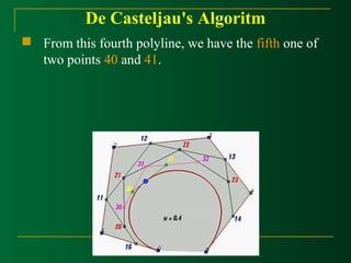 De Casteljau's Algoritm 
 From this fourth polyline, we have the fifth one of 
two points 40 and 41. 
 