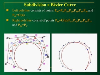 Subdivision a Bézier Curve 
 Left polyline consists of points P00=P0,P10,P20,P30,P40,P50 and 
P60=C(u). 
 Right polyline consist of points P60=C(u),P51,P42,P33,P24,P15 
and P06=P6. 
 