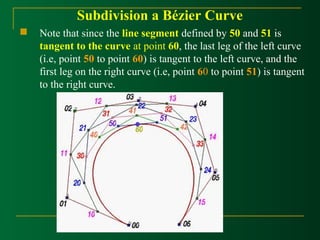 Subdivision a Bézier Curve 
 Note that since the line segment defined by 50 and 51 is 
tangent to the curve at point 60, the last leg of the left curve 
(i.e, point 50 to point 60) is tangent to the left curve, and the 
first leg on the right curve (i.e, point 60 to point 51) is tangent 
to the right curve. 
 