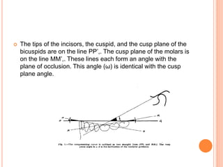  The tips of the incisors, the cuspid, and the cusp plane of the
bicuspids are on the line PP’,. The cusp plane of the molars is
on the line MM’,. These lines each form an angle with the
plane of occlusion. This angle (ω) is identical with the cusp
plane angle.
 