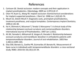 References
1. Carlsson GE. Dental occlusion: modern concepts and their application in
implant prosthodontics. Odontology. 2009 Jan 1;97(1):8-17.
2. Chen YY, Kuan CL, Wang YB. Implant occlusion: biomechanical considerations
for implant-supported prostheses. J Dent Sci. 2008 Jun 1;3(2):65-74.
3. Misch CE, Dietsh-Misch F. Diagnostic casts, preimplant prosthodontics,
treatment prostheses, and surgical templates. Contemporary Implant Dentistry.
1999;2:135-40.
4. Ito H, Okimoto K, Mizumori T, Terada Y, Maruyama T. A clinical study of the
relationship between occlusal curvature and craniomandibular disorders.
International Journal of Prosthodontics. 1997 Jan 1;10(1).
5. Ali IM, Yamada K, Alkhamrah B, Vergara R, Hanada K. Relationship between
occlusal curvatures and mandibular deviation in orthodontic patients with
temporomandibular disorders. Journal of oral rehabilitation. 2003 Nov
1;30(11):1095-103.
6. Dias GM, Bonato LL, Coelho PR, Guimarães JP, Bonato RL. Measurement of
Spee curve in individuals with temporomandibular disorders: a cross-sectional
study. RSBO. 2016 Oct 26;13(1):25-34.
 