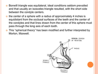  Bonwill triangle was equilateral, ideal conditions seldom prevailed
and that usually an isosceles triangle resulted, with the short side
between the condyle centers.
 the center of a sphere with a radius of approximately 4 inches is
equidistant from the occlusal surfaces of the teeth and the center of
the condyles and that lines drawn from the center of this sphere must
pass through the long axis of each tooth.
 This “spherical theory” has been modified and further interpreted by
Morton, Maxwell.
 