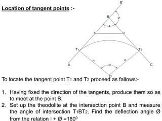Location of tangent points :-
To locate the tangent point T1 and T2 proceed as fallows:-
1. Having fixed the direction of the tangents, produce them so as
to meet at the point B.
2. Set up the theodolite at the intersection point B and measure
the angle of intersection T1BT2. Find the deflection angle Ø
from the relation I + Ø =1800
 