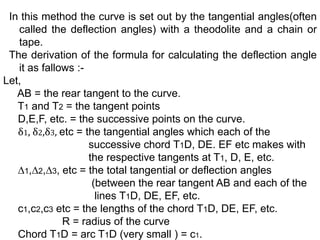 In this method the curve is set out by the tangential angles(often
called the deflection angles) with a theodolite and a chain or
tape.
The derivation of the formula for calculating the deflection angle
it as fallows :-
Let,
AB = the rear tangent to the curve.
T1 and T2 = the tangent points
D,E,F, etc. = the successive points on the curve.
δ1, δ2,δ3, etc = the tangential angles which each of the
successive chord T1D, DE. EF etc makes with
the respective tangents at T1, D, E, etc.
∆1,∆2,∆3, etc = the total tangential or deflection angles
(between the rear tangent AB and each of the
lines T1D, DE, EF, etc.
c1,c2,c3 etc = the lengths of the chord T1D, DE, EF, etc.
R = radius of the curve
Chord T1D = arc T1D (very small ) = c1.
 