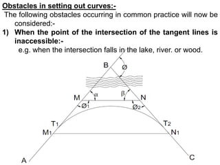 Obstacles in setting out curves:-
The following obstacles occurring in common practice will now be
considered:-
1) When the point of the intersection of the tangent lines is
inaccessible:-
e.g. when the intersection falls in the lake, river. or wood.
 