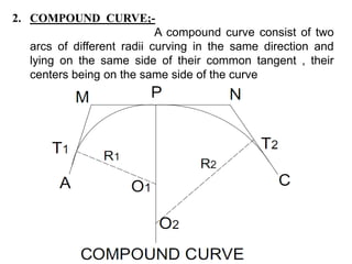 2. COMPOUND CURVE;-
A compound curve consist of two
arcs of different radii curving in the same direction and
lying on the same side of their common tangent , their
centers being on the same side of the curve
 