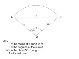 Let ,
R = the radius of a curve in m
D = the degrees of the curves
MN = the chord 30 m long
P = its mid point
 
