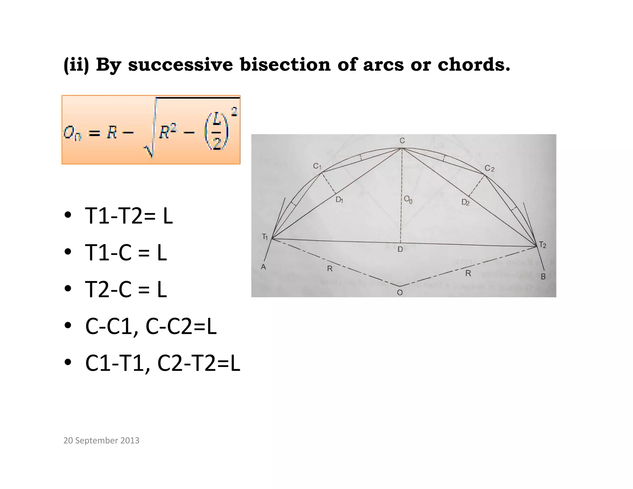 (ii) By successive bisection of arcs or chords.
• T1 T2= L
• T1‐T2= L
• T1‐C = L
• T2‐C = L
• C‐C1, C‐C2=L
,
• C1‐T1, C2‐T2=L
20 September 2013
 
