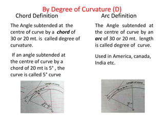 By Degree of Curvature (D)
Chord Definition Arc Definition
The Angle subtended at the
centre of curve by a chord of
30 or 20 mt. is called degree of
curvature.
The Angle subtended at
the centre of curve by an
arc of 30 or 20 mt. length
is called degree of curve.
If an angle subtended at
the centre of curve by a
chord of 20 mt is 5° , the
curve is called 5° curve
Used in America, canada,
India etc.
 
