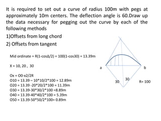 It is required to set out a curve of radius 100m with pegs at
approximately 10m centers. The deflection angle is 60.Draw up
the data necessary for pegging out the curve by each of the
following methods
1)Offsets from long chord
2) Offsets from tangent
R= 100
a b
30
30
Mid ordinate = R(1-cosΔ/2) = 100(1-cos30) = 13.39m
X = 10, 20 , 30
Ox = O0-x2/2R
O10 = 13.39 – 10*10/2*100 = 12.89m
O20 = 13.39 -20*20/2*100 = 11.39m
O30 = 13.39-30*30/2*100 =8.89m
O40 = 13.39-40*40/2*100 = 5.39m
O50 = 13.39-50*50/2*100= 0.89m
 