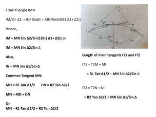 From triangle IMN
IM/Sin Δ2 = IN/ SinΔ1 = MN/Sin(180-( Δ1+ Δ2))
Hence,
IM = MN Sin Δ2/Sin(180-( Δ1+ Δ2)) or
IM = MN Sin Δ2/Sin Δ
Also,
IN = MN Sin Δ1/Sin Δ
Common Tangent MN:
MD = R1 Tan Δ1/2 DN = R2 Tan Δ2/2
MN = MD + DN
Or
MN = R1 Tan Δ1/2 + R2 Tan Δ2/2
Length of main tangents IT1 and IT2
IT1 = T1M + MI
= R1 Tan Δ1/2 + MN Sin Δ2/Sin Δ
IT2 = T2N + NI
= R2 Tan Δ2/2 + MN Sin Δ1/Sin Δ
 