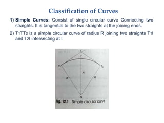 Classification of Curves
1) Simple Curves: Consist of single circular curve Connecting two
straights. It is tangential to the two straights at the joining ends.
2) T1TT2 is a simple circular curve of radius R joining two straights T1I
and T2I intersecting at I
 