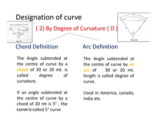 Designation of curve
( 2) By Degree of Curvature ( D )
Chord Definition Arc Definition     
The Angle subtended at
the centre of curve by a
h d f 30 20 i
The Angle subtended at
the centre of curve by an
chord of 30 or 20 mt. is
called degree of
curvature.
arc of 30 or 20 mt.
length is called degree of
curve.
If an angle subtended at
the centre of curve by a
Used in America, canada,
India etc
20 September 2013
the centre of curve by a
chord of 20 mt is 5° , the
curve is called 5° curve
India etc.
 