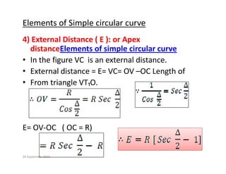 Elements of Simple circular curve
4) External Distance ( E ): or Apex 
distanceElements of simple circular curve
• In the figure VC  is an external distance.
• External distance = E= VC= OV –OC Length of
• From triangle VT₁O.
E= OV‐OC   ( OC = R)
20 September 2013
 