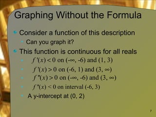 Graphing Without the Formula
Consider a function of this description
• Can you graph it?
This function is continuous for all reals
•
•
•
•
• A y-intercept at (0, 2)
7
'( ) 0 on (- , -6) and (1, 3)f x < ∞
'( ) 0 on (-6, 1) and (3, )f x > ∞
''( ) 0 on (- , -6) and (3, )f x > ∞ ∞
''( ) < 0 on interval (-6, 3)f x
 