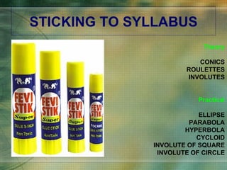 STICKING TO SYLLABUS Theory CONICS ROULETTES INVOLUTES Practical ELLIPSE PARABOLA HYPERBOLA CYCLOID INVOLUTE OF SQUARE INVOLUTE OF CIRCLE 