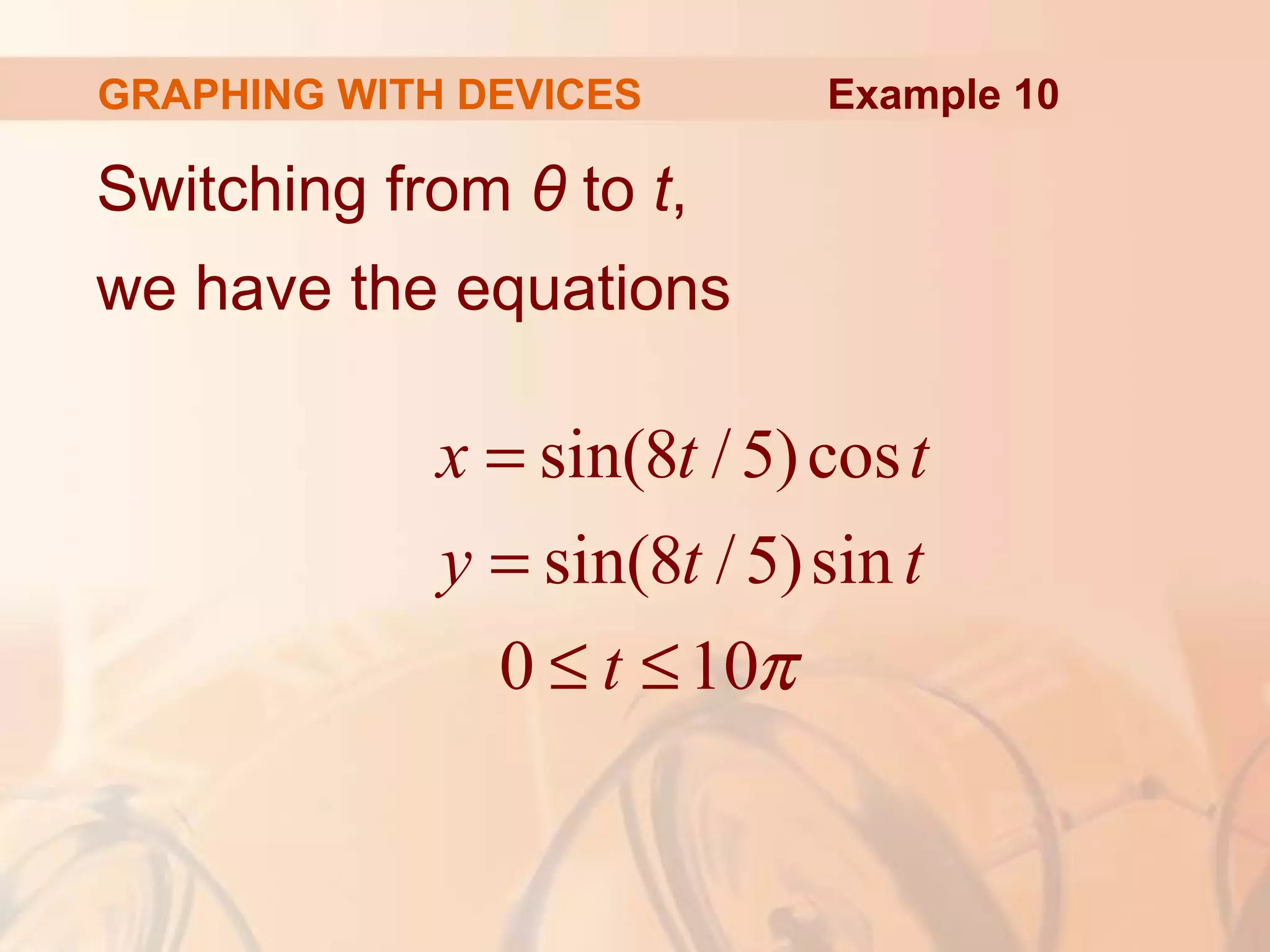 GRAPHING WITH DEVICES
Switching from θ to t,
we have the equations
sin(8 /5)cos
sin(8 /5)sin
0 10
x t t
y t t
t π
=
=
≤ ≤
Example 10
 
