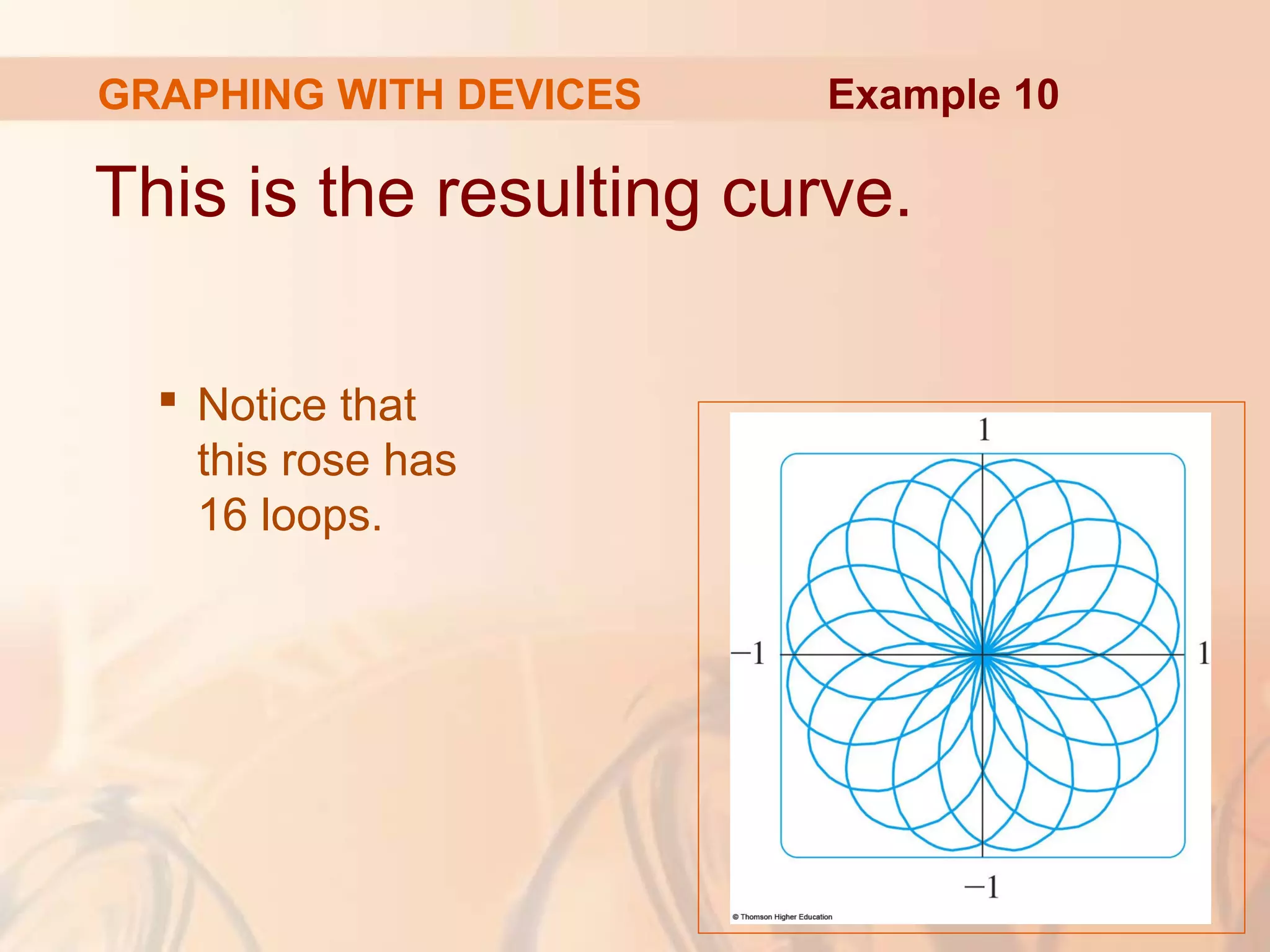 GRAPHING WITH DEVICES
This is the resulting curve.
 Notice that
this rose has
16 loops.
Example 10
 