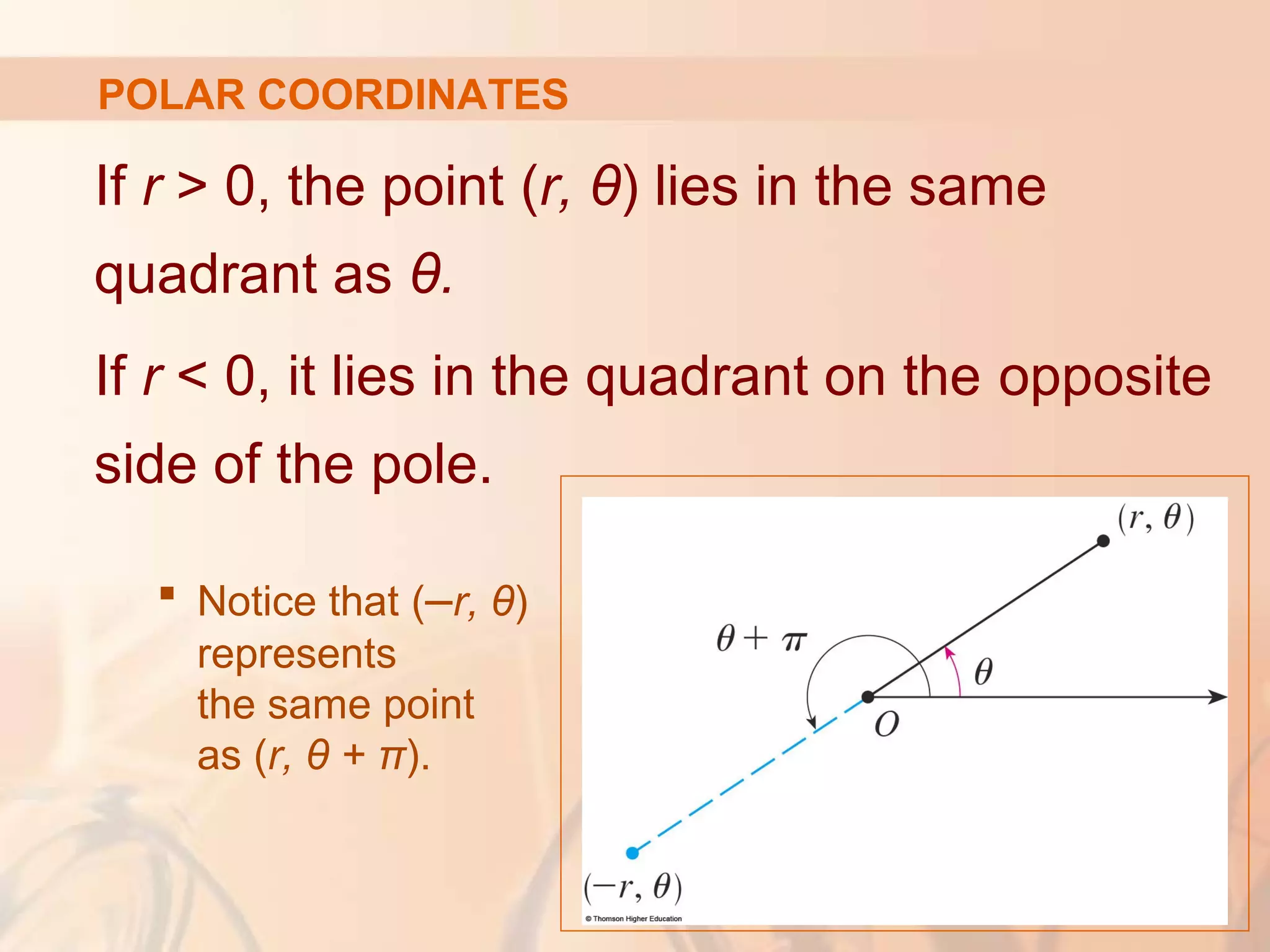 POLAR COORDINATES
If r > 0, the point (r, θ) lies in the same
quadrant as θ.
If r < 0, it lies in the quadrant on the opposite
side of the pole.
 Notice that (–r, θ)
represents
the same point
as (r, θ + π).
 