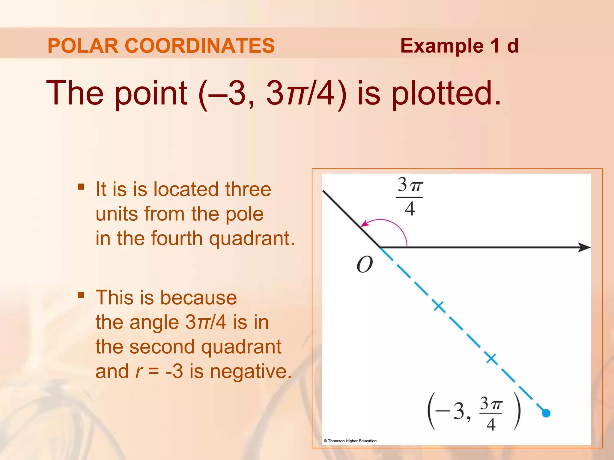 POLAR COORDINATES
The point (–3, 3π/4) is plotted.
 It is is located three
units from the pole
in the fourth quadrant.
 This is because
the angle 3π/4 is in
the second quadrant
and r = -3 is negative.
Example 1 d
 