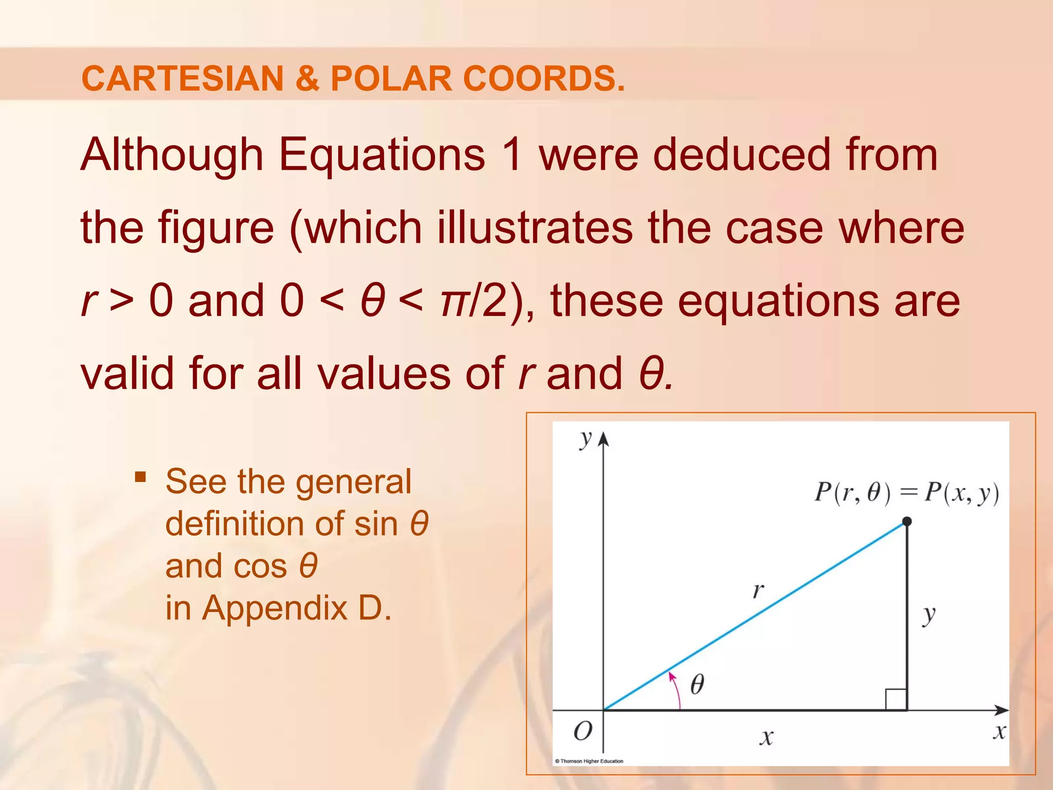 CARTESIAN & POLAR COORDS.
Although Equations 1 were deduced from
the figure (which illustrates the case where
r > 0 and 0 < θ < π/2), these equations are
valid for all values of r and θ.
 See the general
definition of sin θ
and cos θ
in Appendix D.
 