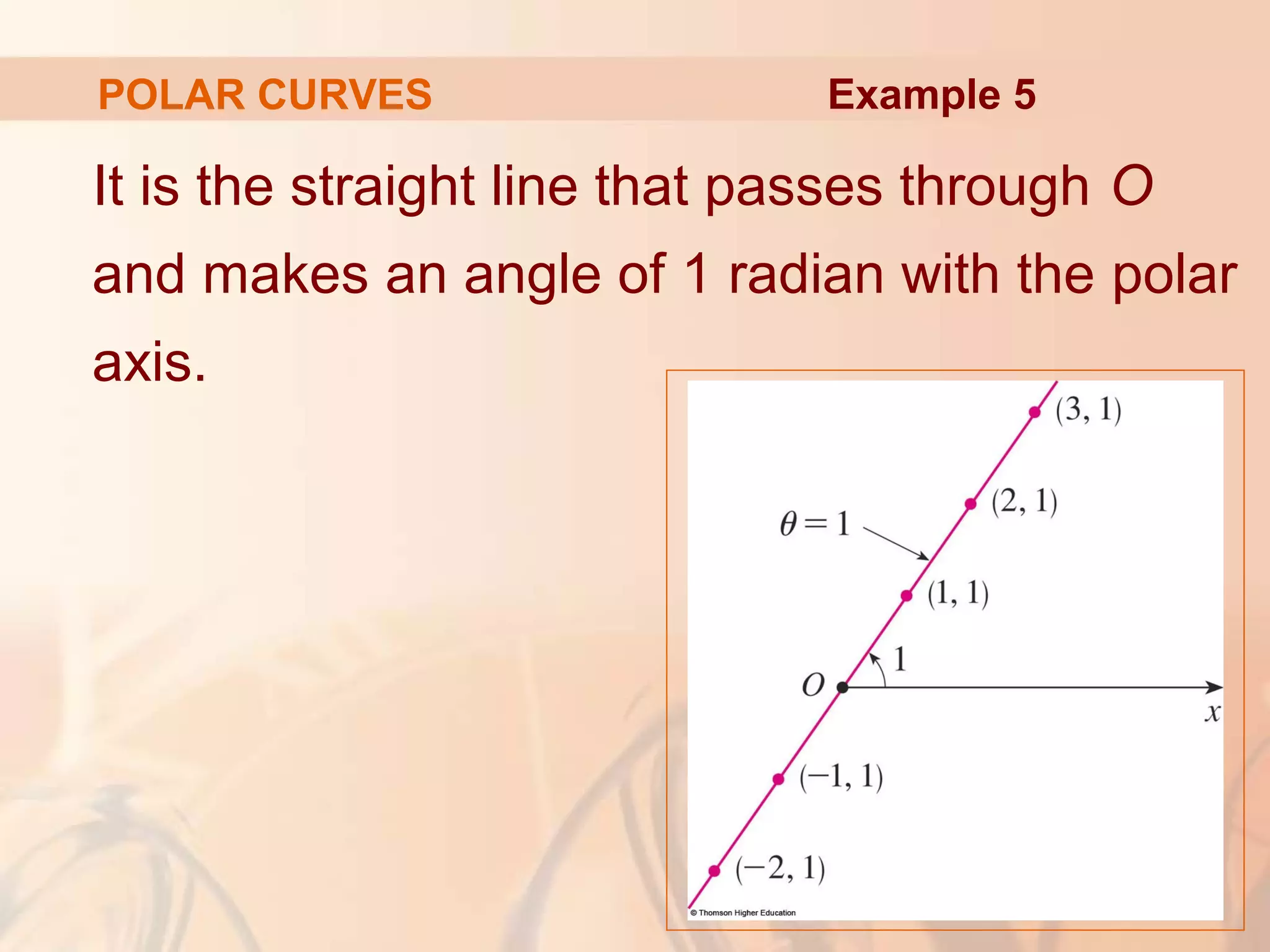 POLAR CURVES
It is the straight line that passes through O
and makes an angle of 1 radian with the polar
axis.
Example 5
 