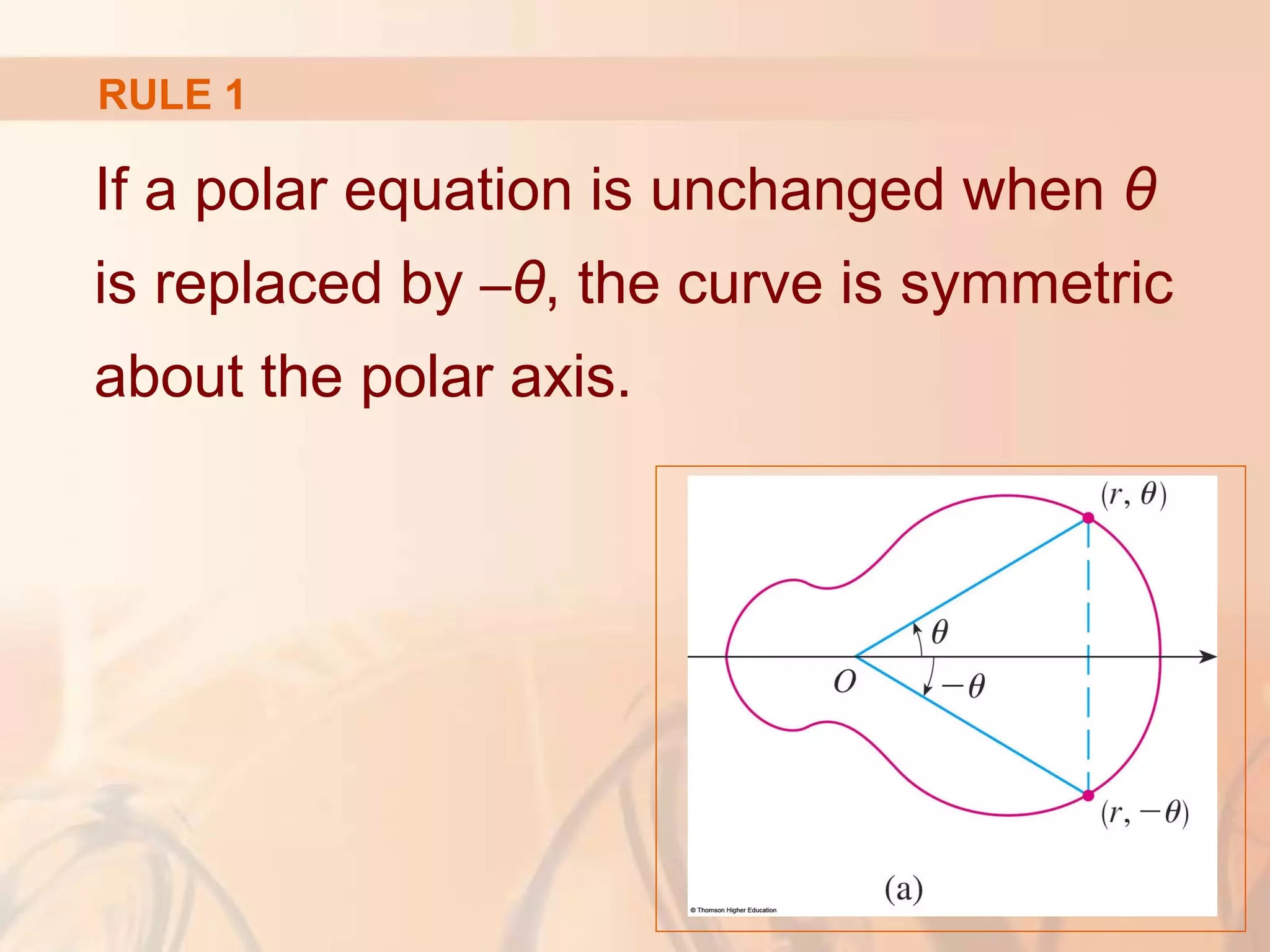 RULE 1
If a polar equation is unchanged when θ
is replaced by –θ, the curve is symmetric
about the polar axis.
 