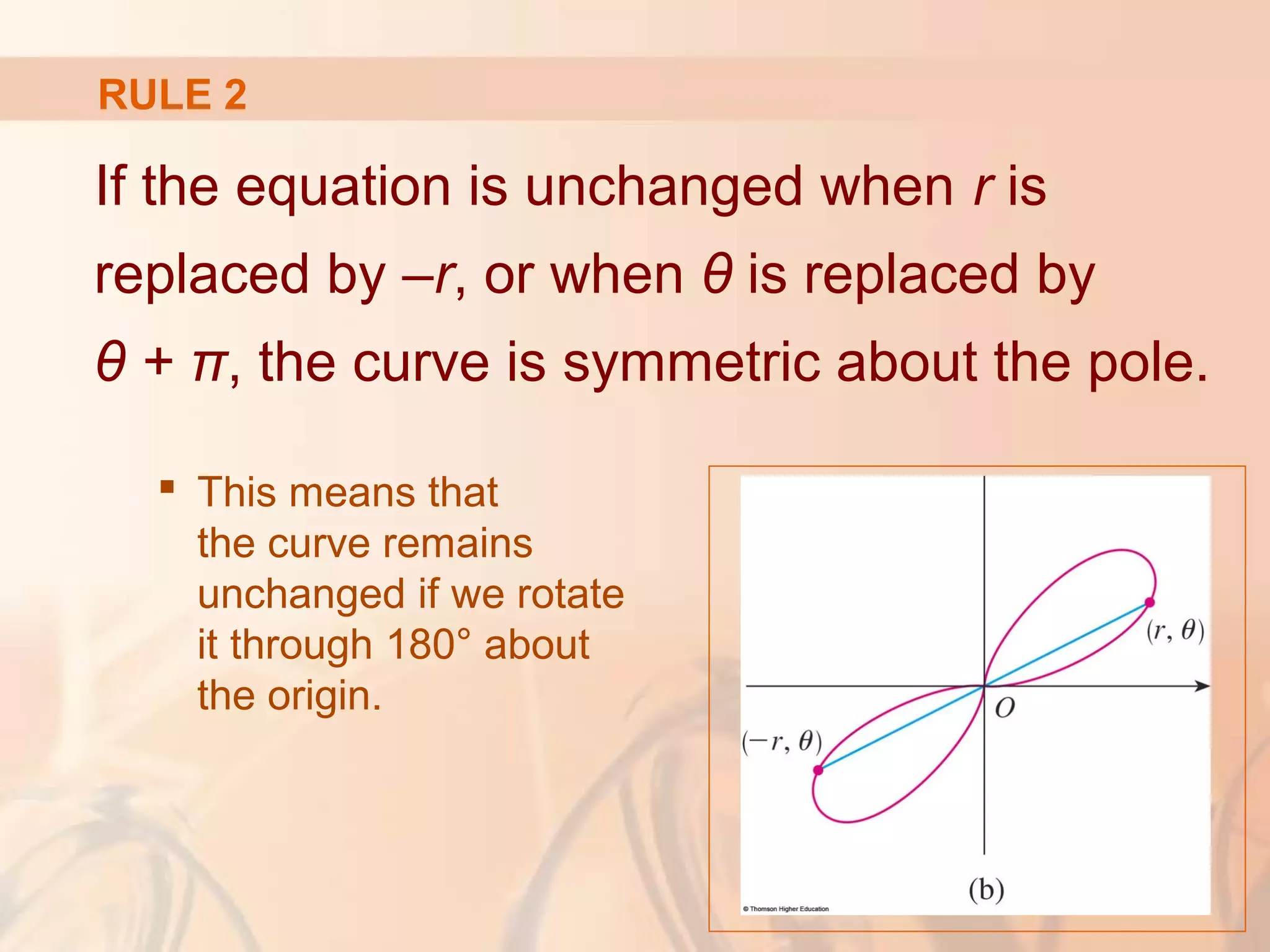 RULE 2
If the equation is unchanged when r is
replaced by –r, or when θ is replaced by
θ + π, the curve is symmetric about the pole.
 This means that
the curve remains
unchanged if we rotate
it through 180° about
the origin.
 