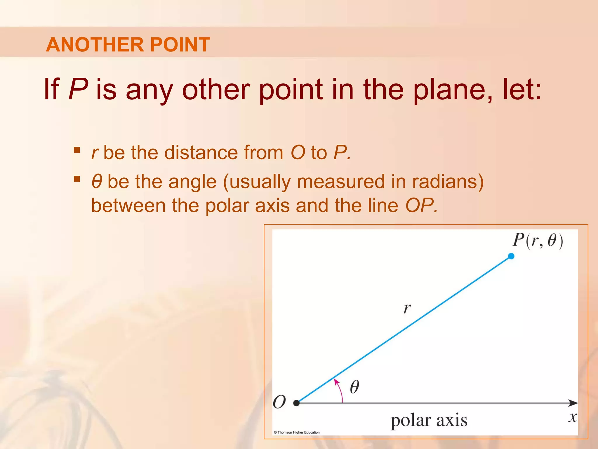 ANOTHER POINT
If P is any other point in the plane, let:
 r be the distance from O to P.
 θ be the angle (usually measured in radians)
between the polar axis and the line OP.
 