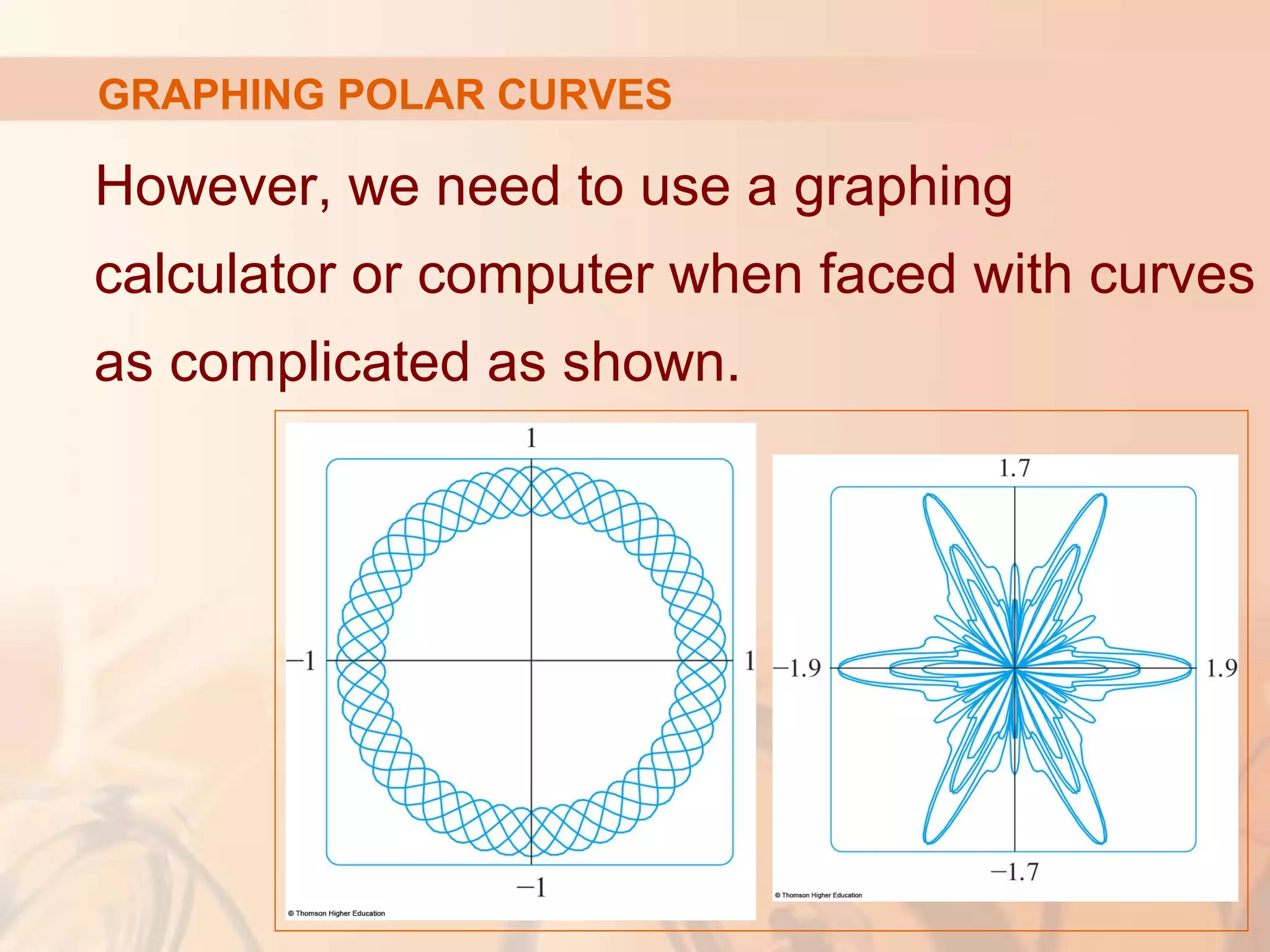 GRAPHING POLAR CURVES
However, we need to use a graphing
calculator or computer when faced with curves
as complicated as shown.
 