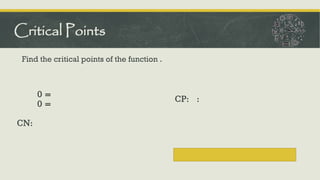 Find the critical points of the function .
Critical Points
0 =
0 =
CN:
CP: :
 