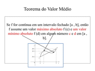 Teorema do Valor Médio
Se f for contínua em um intervalo fechado [a , b], então
f assume um valor máximo absoluto f (c) e um valor
mínimo absoluto f (d) em algum número c e d em [a ,
b].
 