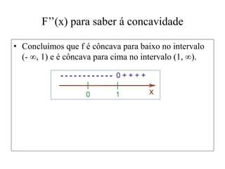 F’’(x) para saber á concavidade
• Concluímos que f é côncava para baixo no intervalo
(- ∞, 1) e é côncava para cima no intervalo (1, ∞).
 