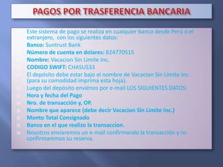 DATOS DEL VUELO DE LLEGADA:El día de su llegada les daremos la bienvenida en el aeropuerto de la ciudad de Lima Jorge Chavez y los trasladaremos al hotel para empezar a prestarles los servicios del paquete turístico por lo que es muy importante que nos envíen los siguientes datos del vuelo de llegada:Nombre de la aerolínea (ejemplo: COPA, AVIANCA).Numero de vuelo (ejemplo: 019, 007, 1115).Hora aproximada de llegada (ejemplo: 10:25 am).Nombre para pintar en el cartel (ejemplo: "Juan Perez").