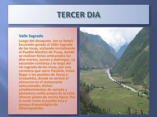 SEGUNDO DIADesayuno en el hotel, nosreunimos a las 11 am parasalir al aeropuertorumbo al Cusco.Bienvenida– City tour + RuinasBienvenida en el aeropuerto por nuestro personal, traslado al hotel seleccionado. Tiempo libre para descansar y aclimatarse a la altura, almuerzo (por cuenta del pax).Por la tarde los recogemos en su hotel para que realice la visita guiada a la ciudad del Cusco, visitando el Q’oricancha “Templo del sol”, la Plaza Mayor, la Catedral, Sacsayhuaman, Q’enqo, Pukapukara y Tambomachay, retorno al hotel cena (por cuenta del pax), y por la noche podran visitar el centro Qosqo donde apreciaran danzas nativas en vivo, pernocte.
