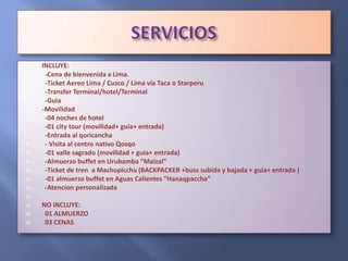 QUINTO DIADespedidaDesayuno, tiempo libre  para prepararse para traslado al aeropuerto. FIN DE NUESTROS SERVICIOS.