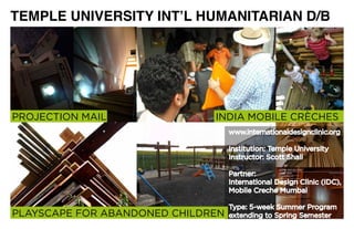 TEMPLE UNIVERSITY INT’L HUMANITARIAN D/B




PROJECTION	MAIL               INDIA	MOBILE	CRÈCHES
                                   www.internationaldesignclinic.org

                                   Institution:	Temple	University
                                   Instructor: Scott Shall

                                   Partner:	
                                   International	Design	Clinic	(IDC),	
                                   Mobile Creche Mumbai

                                   Type:	5-week	Summer	Program	
PLAYSCAPE	FOR	ABANDONED	CHILDREN   extending	to	Spring	Semester
 