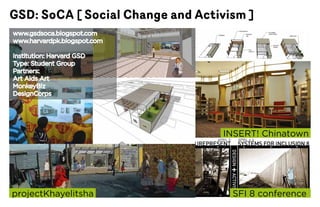 GSD: SoCA [ Social Change and Activism ]
www.gsdsoca.blogspot.com
www.harvardpk.blogspot.com

Institution:	Harvard	GSD
Type: Student Group
Partners:
Art Aids Art
MonkeyBiz
DesignCorps




                                  INSERT!	Chinatown




projectKhayelitsha                  SFI	8	conference
 