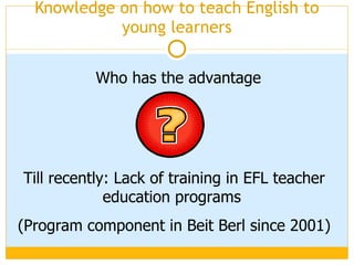 Knowledge on how to teach English to young learners Till recently: Lack of training in EFL teacher education programs  (Program component in Beit Berl since 2001) Who has the advantage 