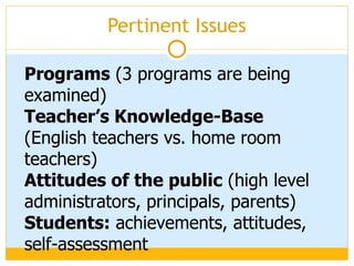 Pertinent Issues Programs  (3 programs are being examined) Teacher’s Knowledge-Base  (English teachers vs. home room teachers) Attitudes of the public  (high level administrators, principals, parents) Students:  achievements, attitudes, self-assessment  