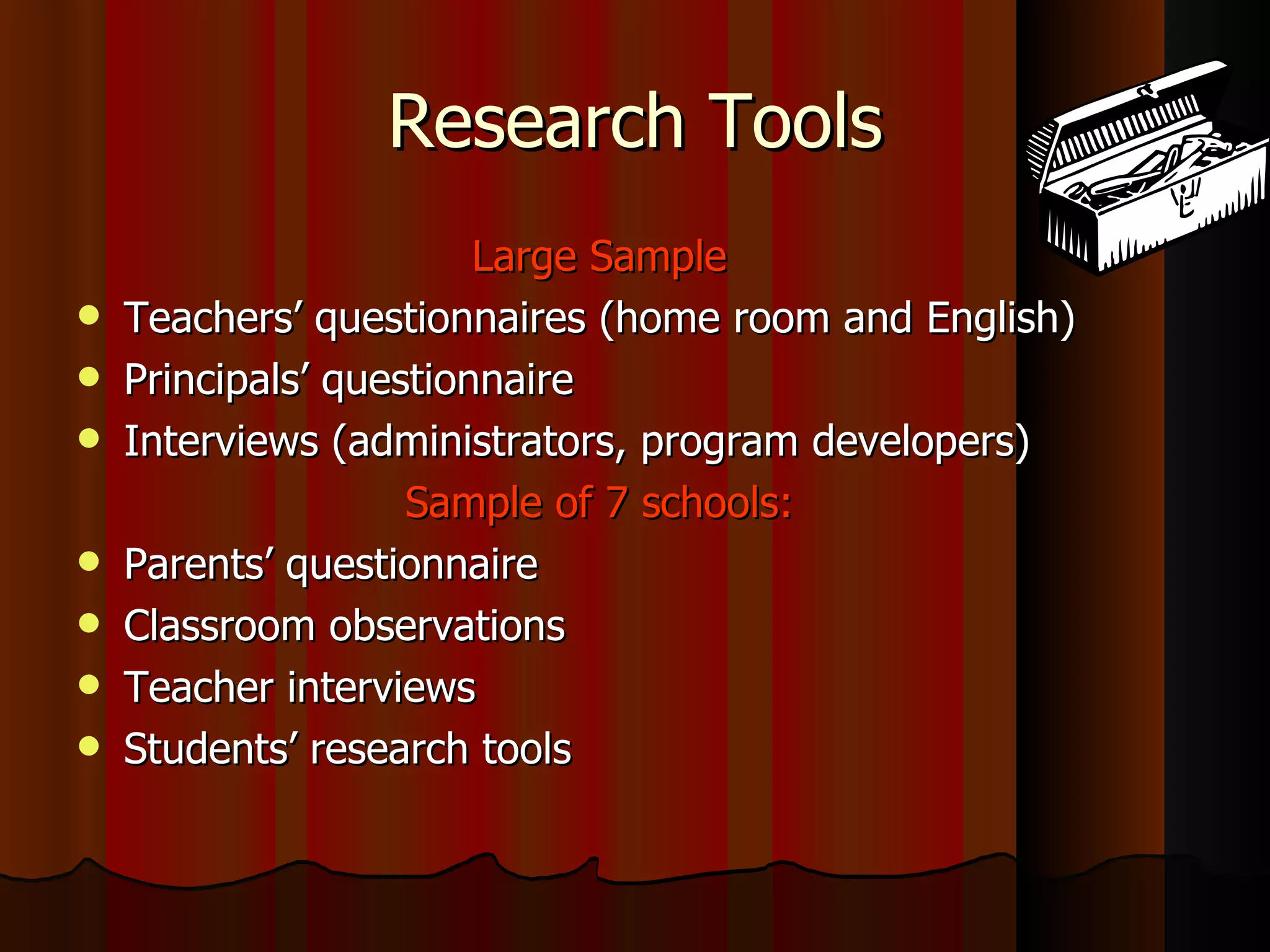 Research Tools Large Sample Teachers’ questionnaires (home room and English) Principals’ questionnaire Interviews (administrators, program developers) Sample of 7 schools: Parents’ questionnaire Classroom observations Teacher interviews Students’ research tools 