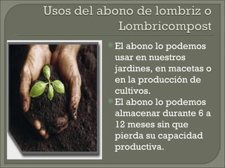 El abono lo podemos usar en nuestros jardines, en macetas o en la producción de cultivos. El abono lo podemos almacenar durante 6 a 12 meses sin que pierda su capacidad productiva. 