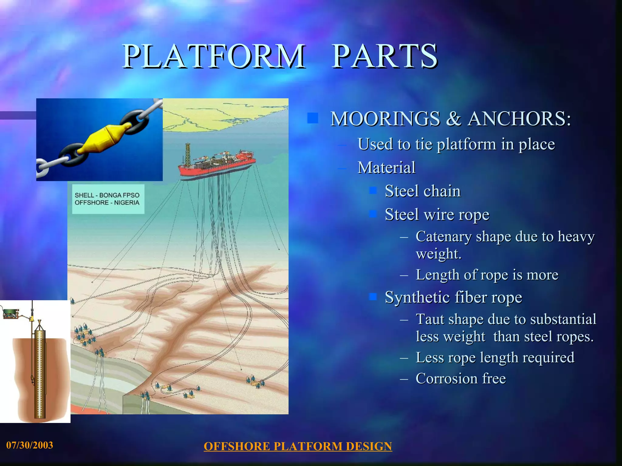 OFFSHORE PLATFORM DESIGN 07/30/2003 PLATFORM  PARTS MOORINGS & ANCHORS: Used to tie platform in place  Material Steel chain Steel wire rope  Catenary shape due to heavy weight.  Length of rope is more Synthetic fiber rope Taut shape due to substantial less weight  than steel ropes. Less rope length required Corrosion free 