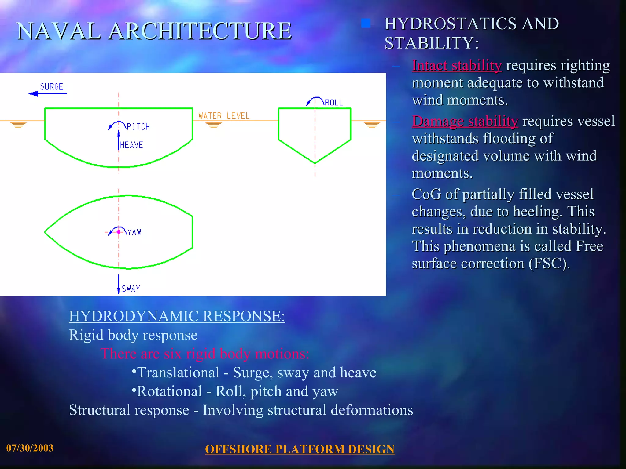 OFFSHORE PLATFORM DESIGN 07/30/2003 NAVAL ARCHITECTURE HYDROSTATICS AND STABILITY: Intact stability  requires righting moment adequate to withstand wind moments.  Damage stability  requires vessel withstands flooding of designated volume with wind moments.  CoG of partially filled vessel changes, due to heeling. This results in reduction in stability. This phenomena is called Free surface correction (FSC). HYDRODYNAMIC RESPONSE: Rigid body response There are six rigid body motions: Translational - Surge, sway and heave Rotational - Roll, pitch and yaw Structural response - Involving structural deformations 
