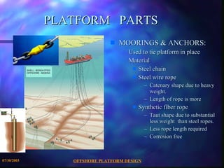OFFSHORE PLATFORM DESIGN 07/30/2003 PLATFORM  PARTS MOORINGS & ANCHORS: Used to tie platform in place  Material Steel chain Steel wire rope  Catenary shape due to heavy weight.  Length of rope is more Synthetic fiber rope Taut shape due to substantial less weight  than steel ropes. Less rope length required Corrosion free 