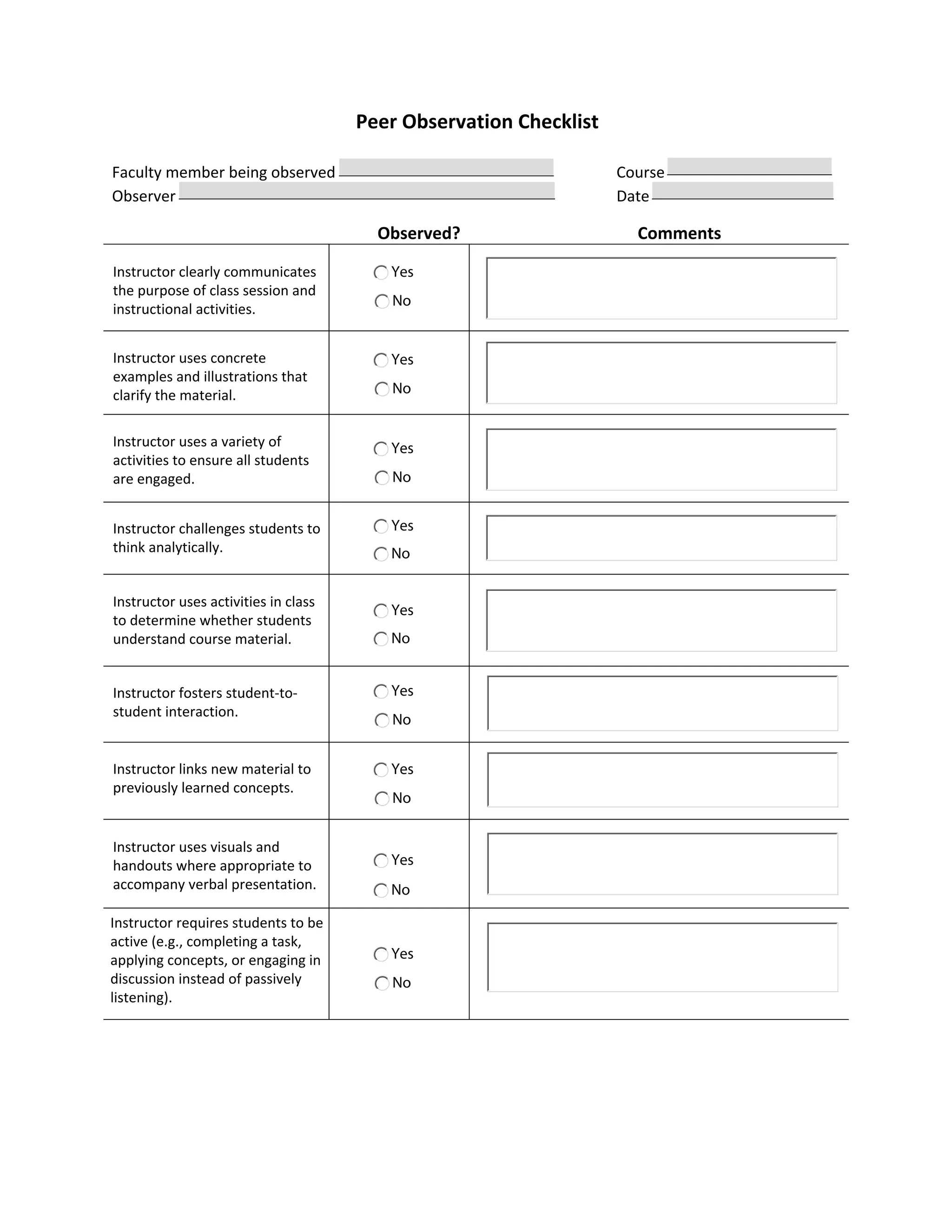 Peer Observation Form