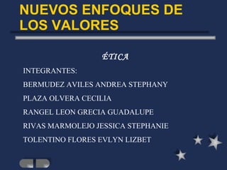 NUEVOS ENFOQUES DE LOS VALORES ÉTICA INTEGRANTES: BERMUDEZ AVILES ANDREA STEPHANY PLAZA OLVERA CECILIA RANGEL LEON GRECIA GUADALUPE RIVAS MARMOLEJO JESSICA STEPHANIE TOLENTINO FLORES EVLYN LIZBET 