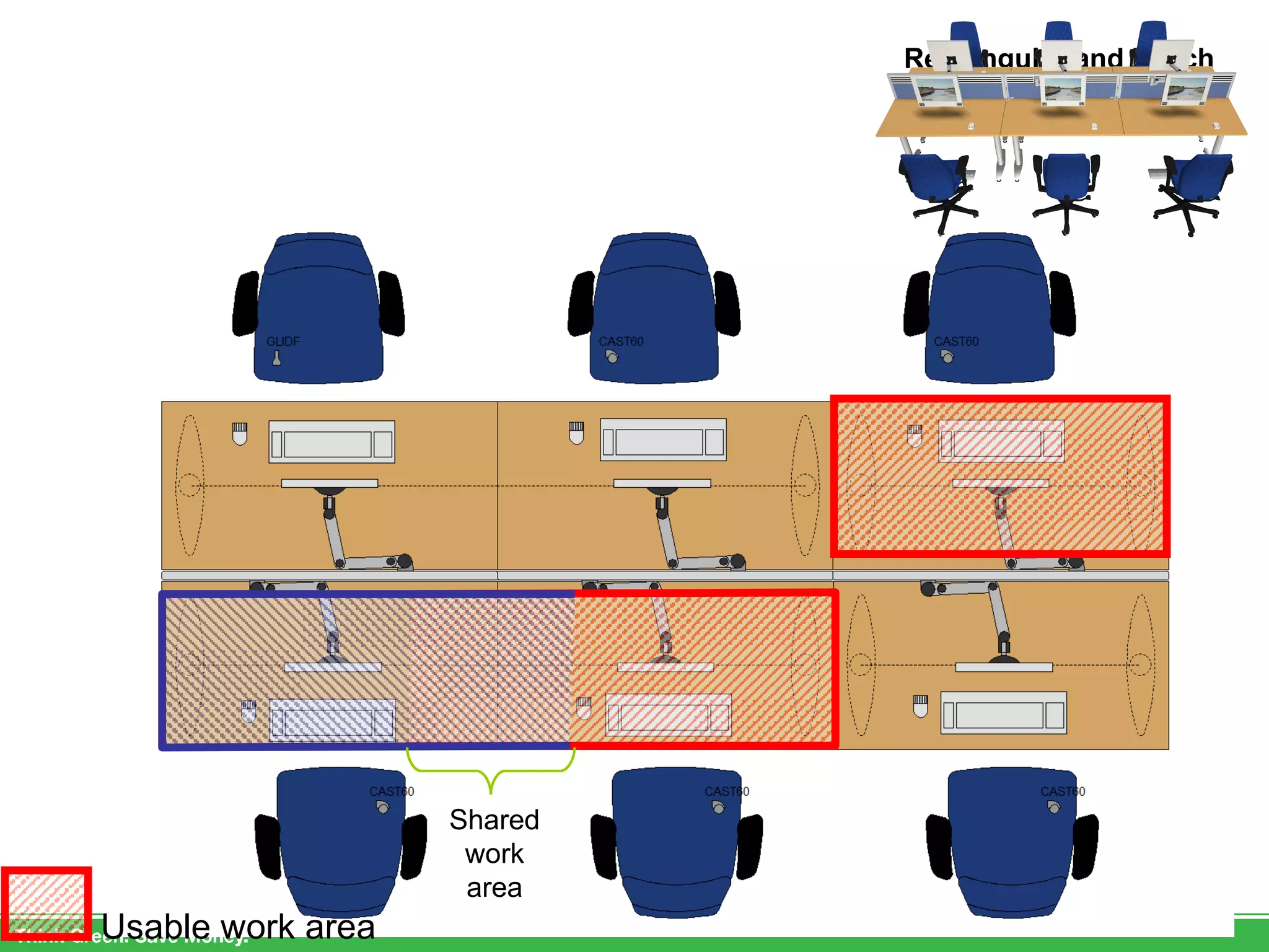 Rectangular and bench Usable work area Shared work area 