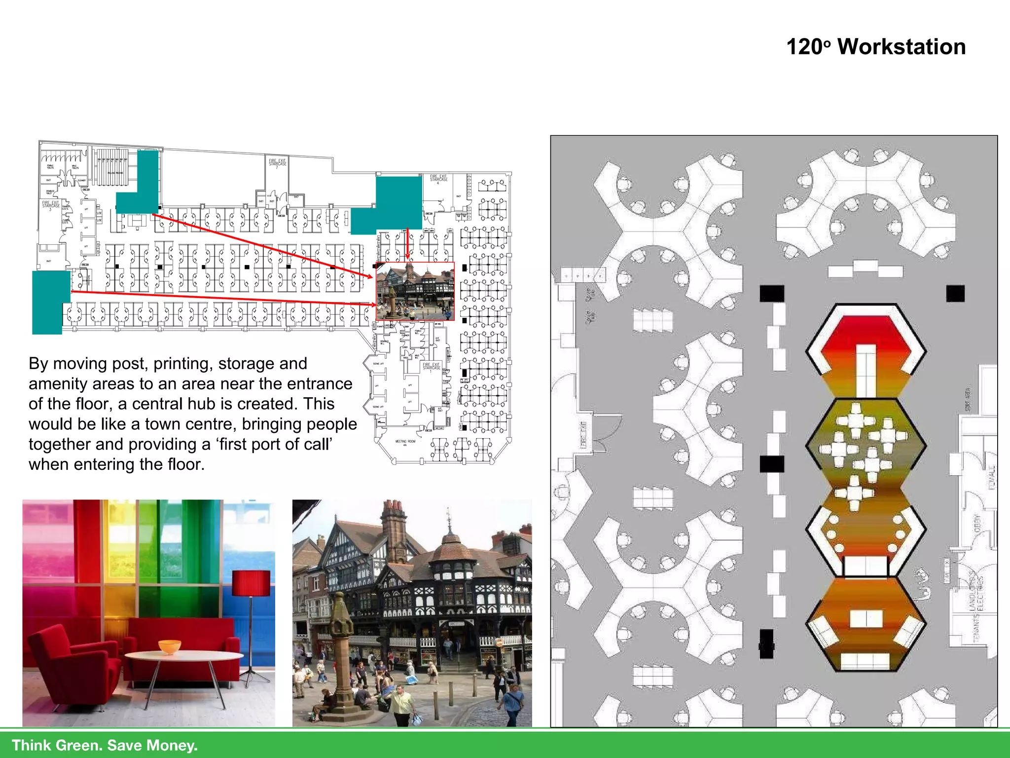 120 o  Workstation By moving post, printing, storage and amenity areas to an area near the entrance of the floor, a central hub is created. This would be like a town centre, bringing people together and providing a ‘first port of call’ when entering the floor. 